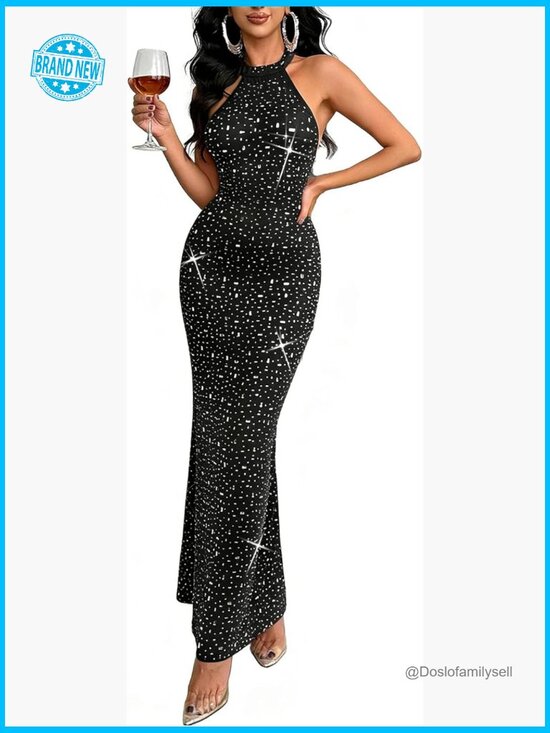 Dresses & Skirts - Elegant Halter Formal Evening Dress Rhinestone Decor Long Gown Cocktail Party